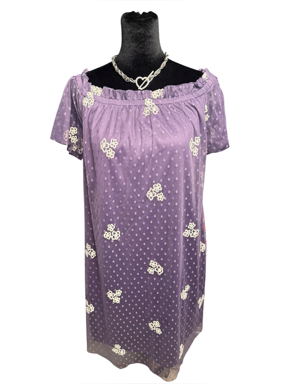 Miami floral polka dot mesh dress purple white off shoulder size M Y2K Coquette